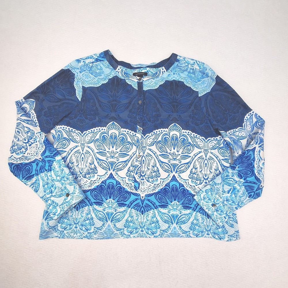 Lands End Blouse Womens 18 Blue Paisley‎ Cotton Long Sleeve Boho LightweightTop